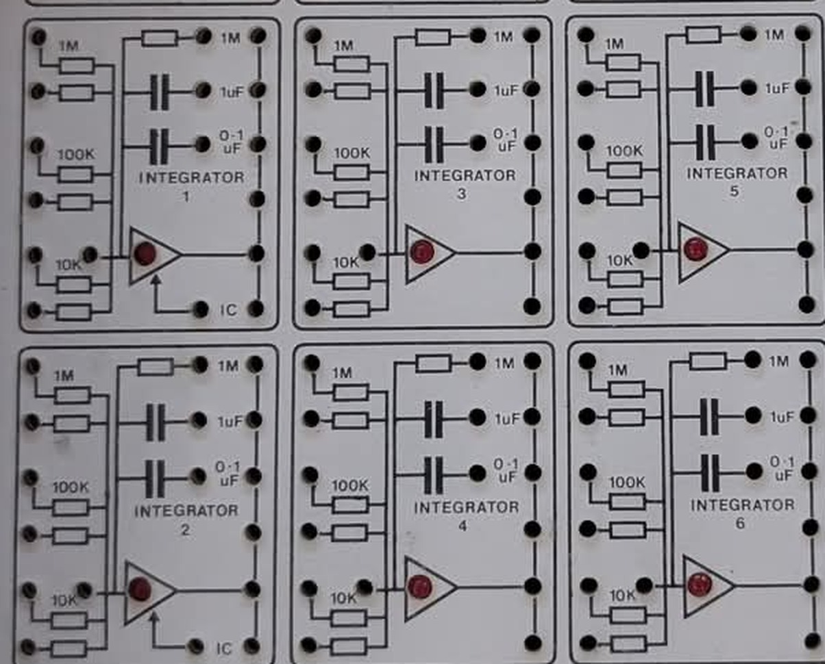 The six integrator blocks in two rows of three, each drawn with three pairs of input resistors marked 1M, 100K and 10K, and feedback elements marked 1M, 1uF and 0·1uF.
