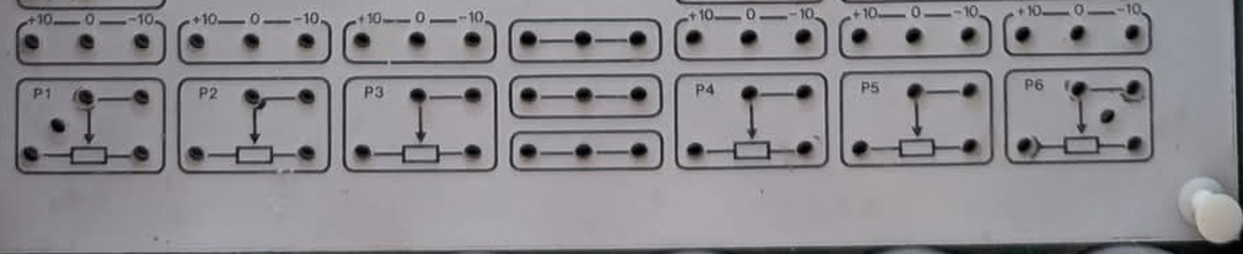 The lower bands of the patch field: a row of reference strips marked +10, 0 and −10, above a row of potentiometer blocks P1 to P6 with a tie block between the two groups of three.