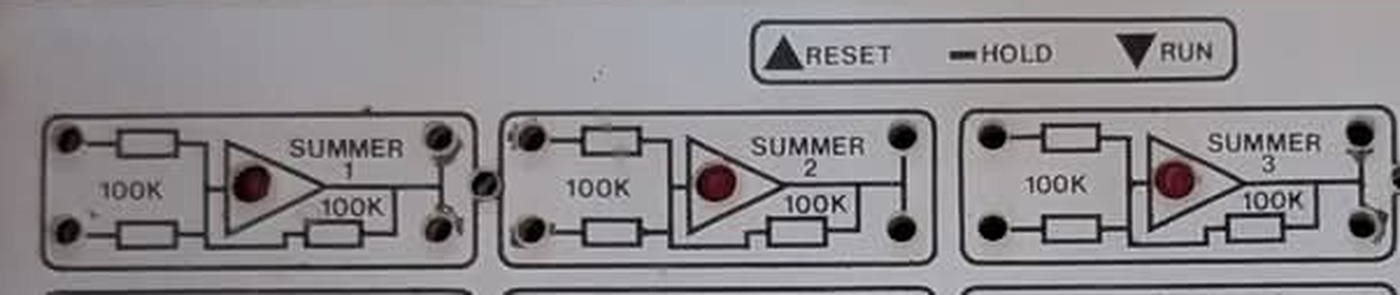 The three summer blocks across the top of the patch field, each drawn as two input resistors marked 100K feeding an amplifier triangle with a feedback resistor marked 100K; the RESET–HOLD–RUN legend sits at the upper right.