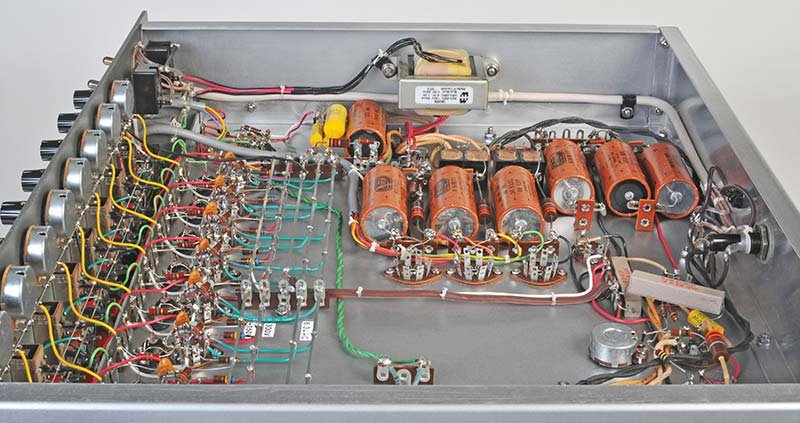 EC-1 chassis after complete rewiring — new bus bars, binding posts, and components installed