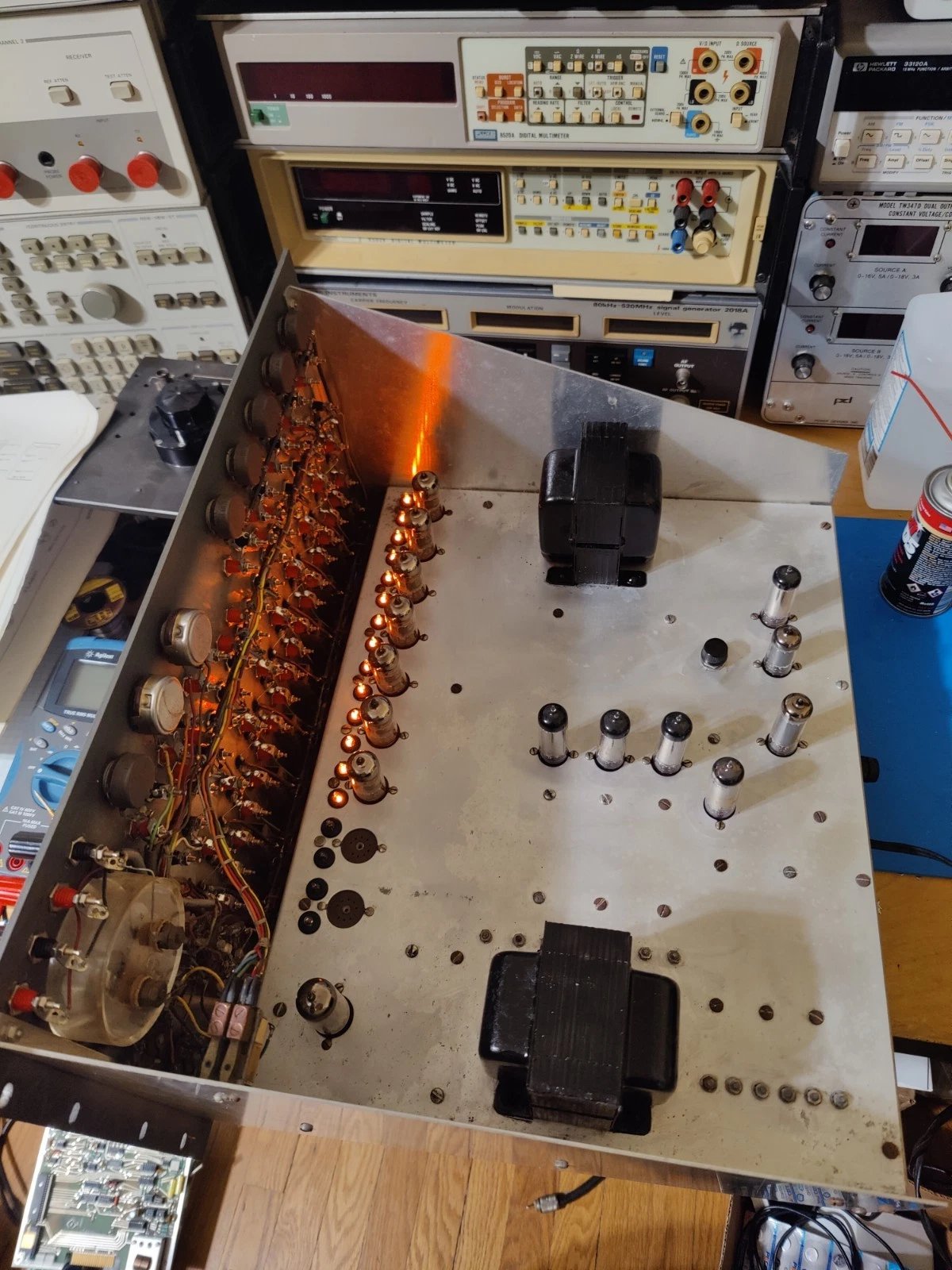 Schematic sheet thumbnail showing full EC-1 circuit — power supply at left, nine amplifier columns center, meter/relay/oscillator at right.