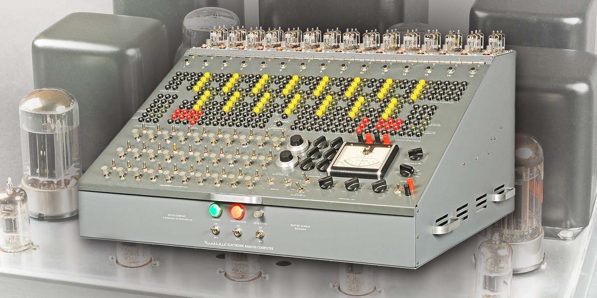 Restored ES-400 front panel loaded with yellow and black banana-plug patch cords representing a running problem. The 364-jack grid occupies the upper field; coefficient potentiometers, mode switches, and the DC milliammeter occupy the lower section.