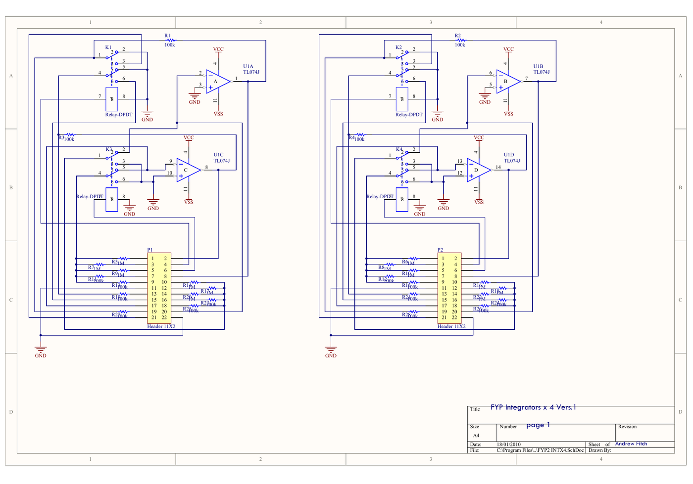 Schematic sheet showing four integrator channels built on a TL074 quad op-amp, each with a DPDT relay switching the feedback and initial-condition paths, with 100 kΩ and 1 MΩ input resistor networks brought to header connectors.