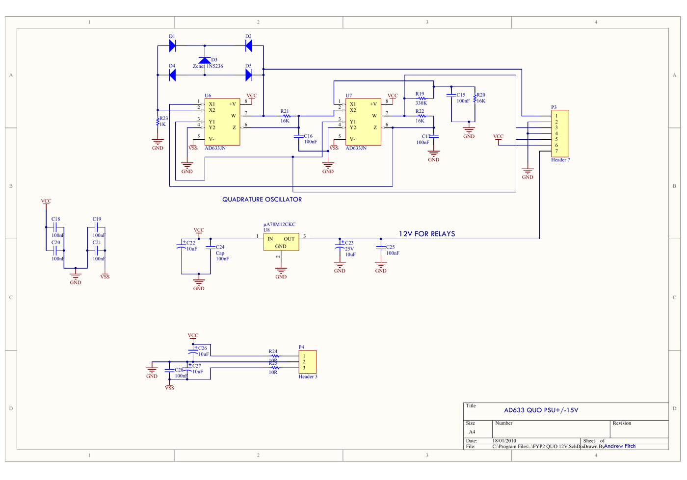 Schematic sheet showing a quadrature oscillator built from two AD633 analog multipliers with a zener-diode amplitude-limiting network, and a 78M12 regulator generating a separate 12 V rail for the integrator relays.