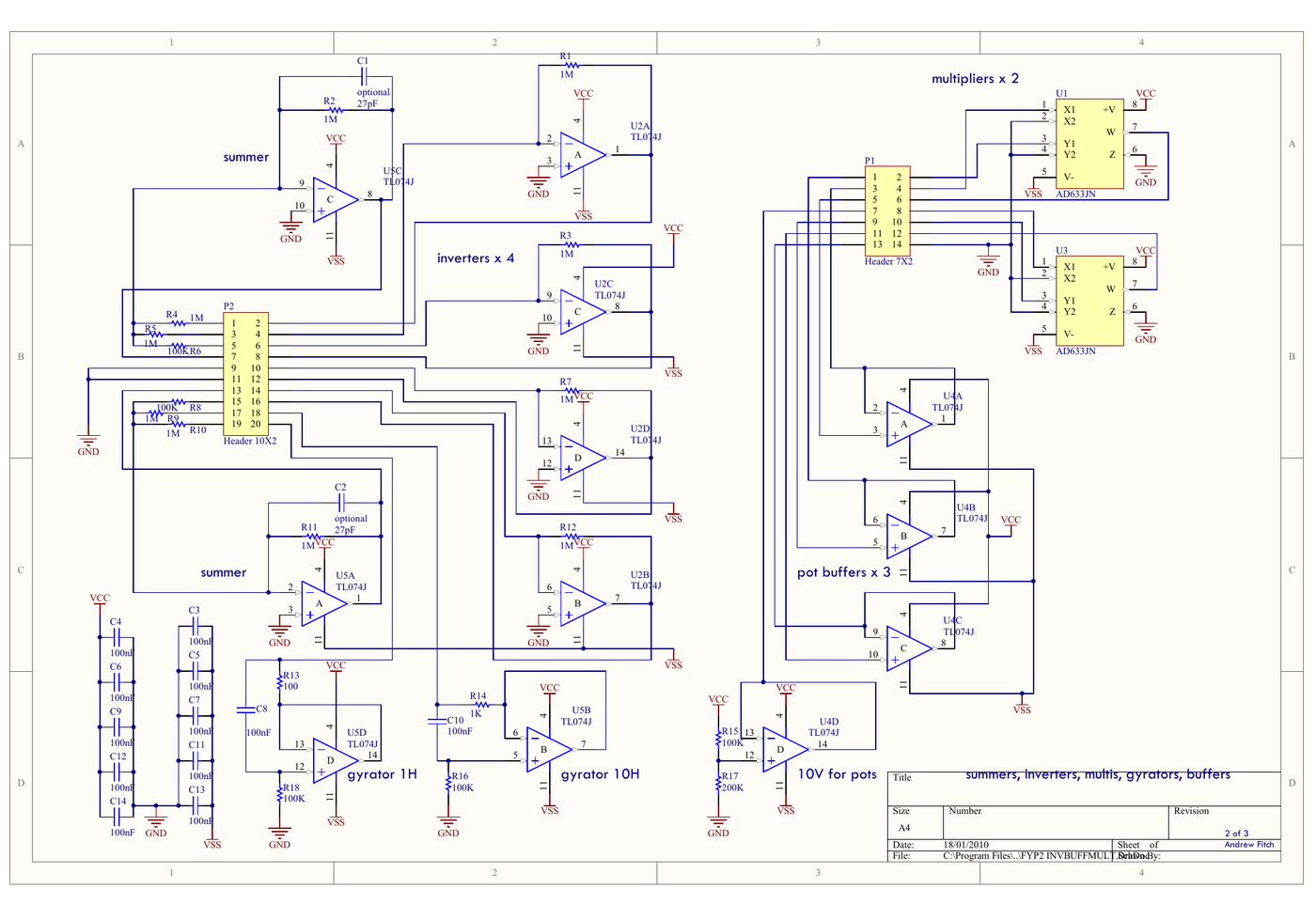 Schematic sheet showing two summers, four inverters, two AD633 multipliers, two gyrator circuits and three potentiometer buffer amplifiers built around TL074 quad op-amps.
